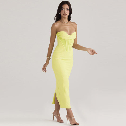Damen Bodycon Kleid – Schulterfrei – Slim Fit – Korsett-Design – Midi mit Gehschlitz