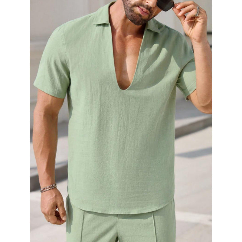 Herren Zweiteiler Set – Kurzarm V-Ausschnitt – Lockerer Schnitt – Atmungsaktive Mischung