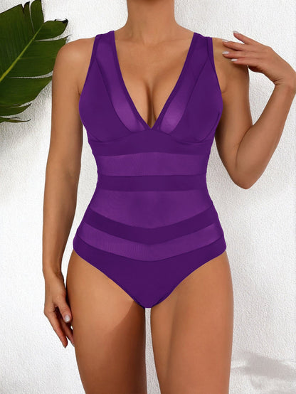 Damen Badeanzug – Figurbetont – Tiefer V-Ausschnitt – Mesh-Einsätze – Elegantes Design