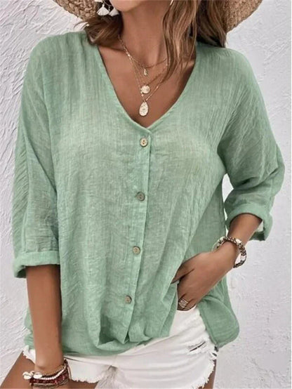 Damen Bluse – Linnen – Lockerer Schnitt – V-Ausschnitt – Knopfleiste – 3/4 Ärmel