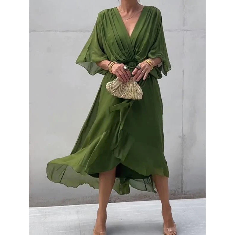 Damen Maxikleid – Lockerer Schnitt – Batwing Ärmel – Taillengürtel – Asymmetrischer Saum