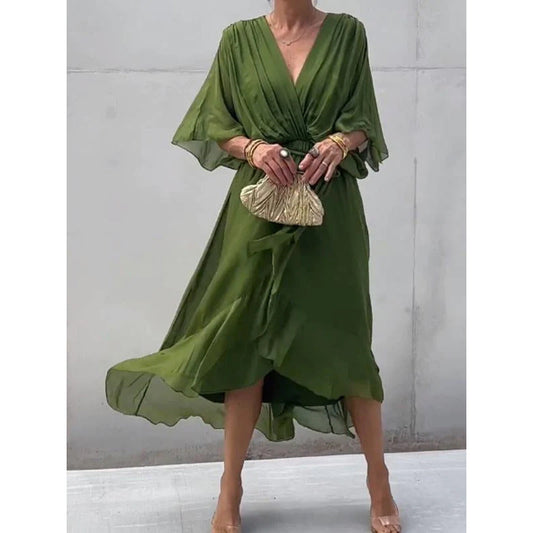 Damen Maxikleid – Lockerer Schnitt – Batwing Ärmel – Taillengürtel – Asymmetrischer Saum