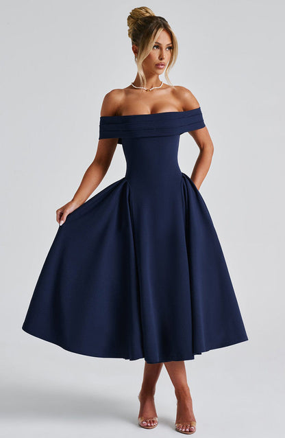 Damen Midikleid – Off Shoulder – A-Linien-Schnitt – Eleganter Look – Luxusstoff