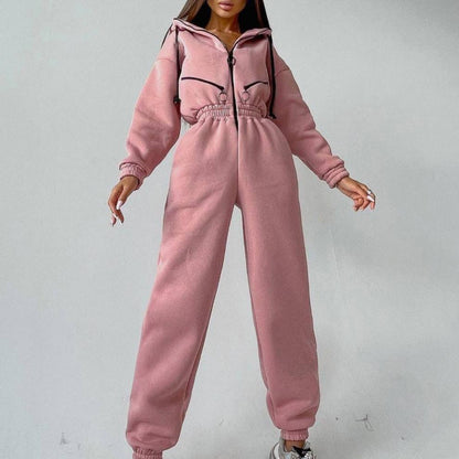 Damen Jumpsuit – Relaxed Fit – Baumwollmix – Kapuze – Reißverschluss – Bündchenabschluss
