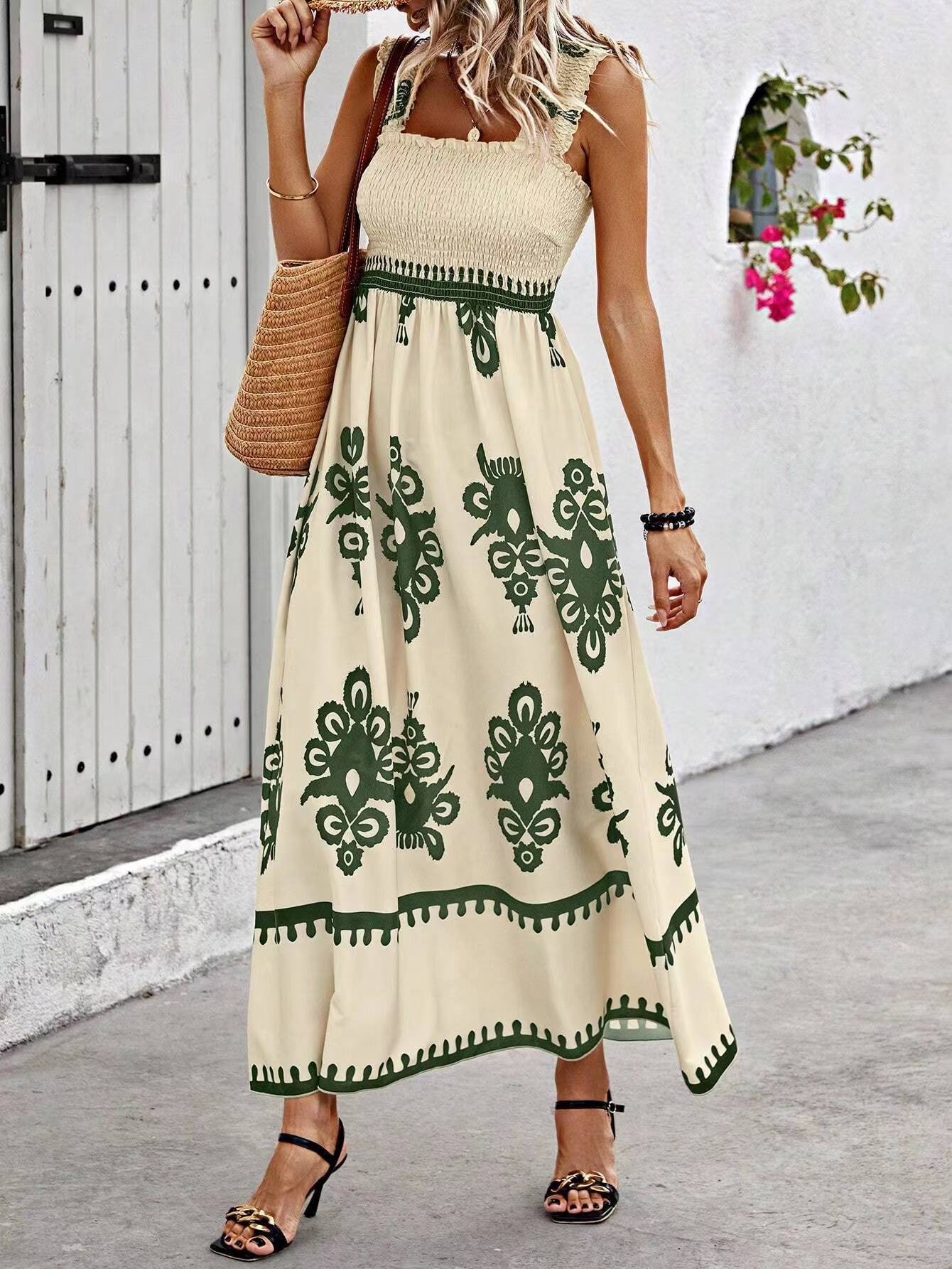 Damen Maxikleid – Schulterfrei mit Wickeloberteil – Luftiger Schnitt – Printdesign