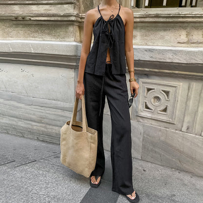 Damen Zweiteiler Set – Ärmelloses Crop Top – High Waist Hose – Atmungsaktive Fasern