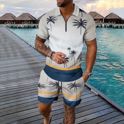 Herren Sportset – Slim Fit – Atmungsaktives Material – Zipkragen – Tropisches Muster