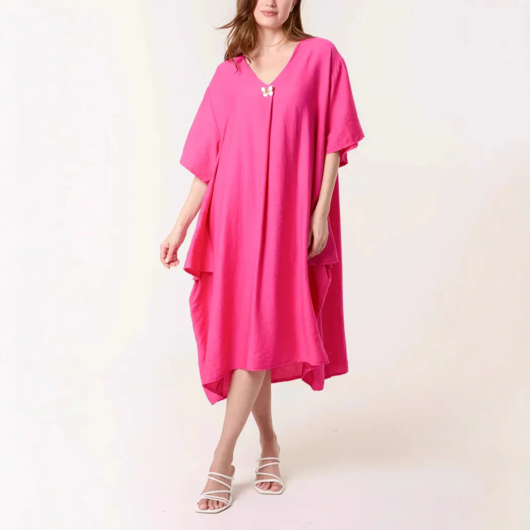 Damen Tunika Kleid – Lockerer Schnitt – V-Ausschnitt – Maxi Länge – Atmungsaktives Gewebe