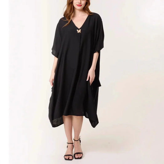 Damen Tunika Kleid – Lockerer Schnitt – V-Ausschnitt – Maxi Länge – Atmungsaktives Gewebe