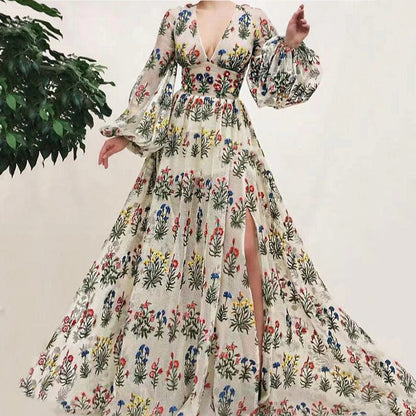 Damen Maxikleid – Luxusstoff – Fließender Schnitt – Blumenstickerei – V-Ausschnitt