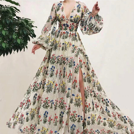 Damen Maxikleid – Luxusstoff – Fließender Schnitt – Blumenstickerei – V-Ausschnitt