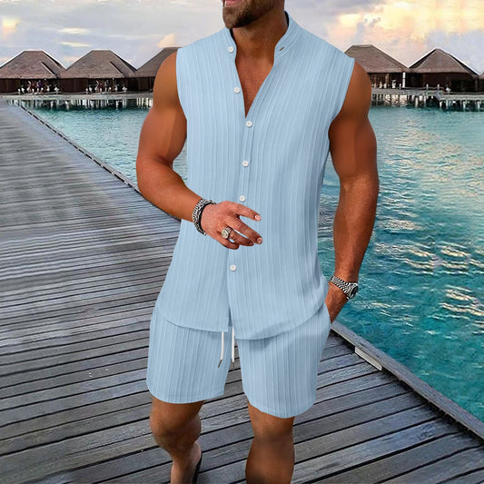 Herren Ärmelloses Hemd – Linnen – Relaxed Fit – Stehkragen – Knopfleiste