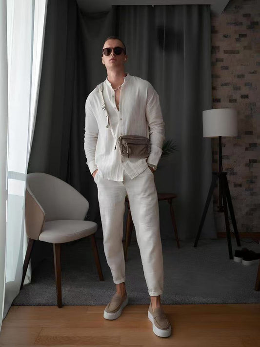 Herren Freizeit Set – Linnen-Mix – Relaxed Fit – Hemd mit Knöpfen & Tapered Hose