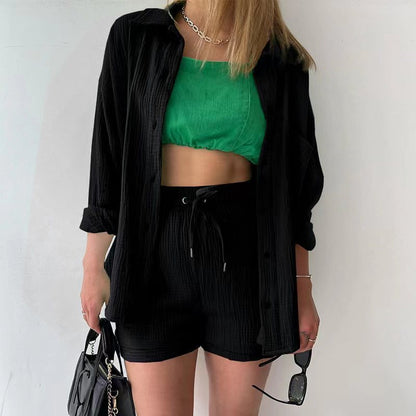 Damen Zweiteiler Set – Oversize Crinkle Hemd – High Waist Shorts mit Kordelzug