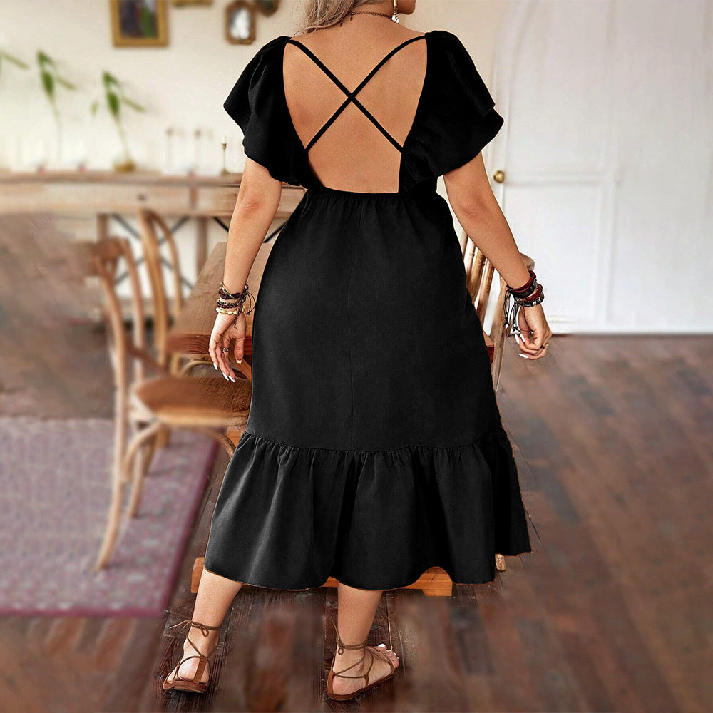 Damen Maxikleid – A-Linien Schnitt – V-Ausschnitt – Rüschen Saum – Puffärmel