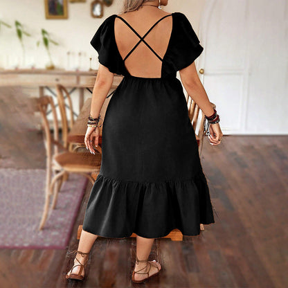 Damen Maxikleid – A-Linien Schnitt – V-Ausschnitt – Rüschen Saum – Puffärmel