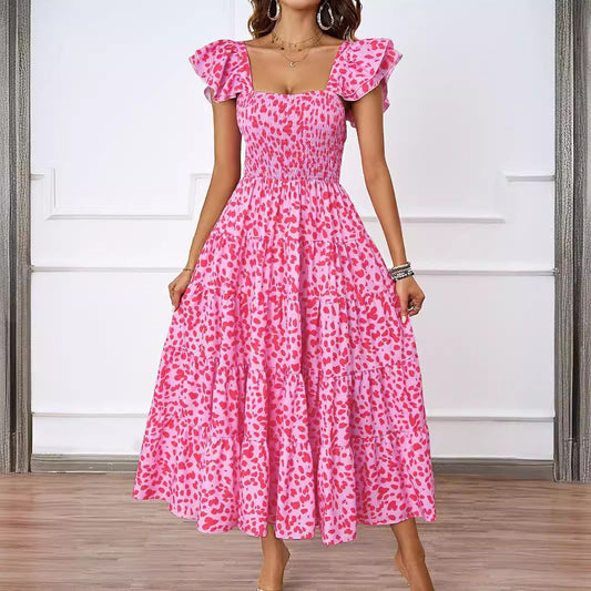 Damen Maxikleid – A-Linie – Smock-Oberteil – Rüschen-Träger – Stufenrock – Atmungsaktives Gewebe