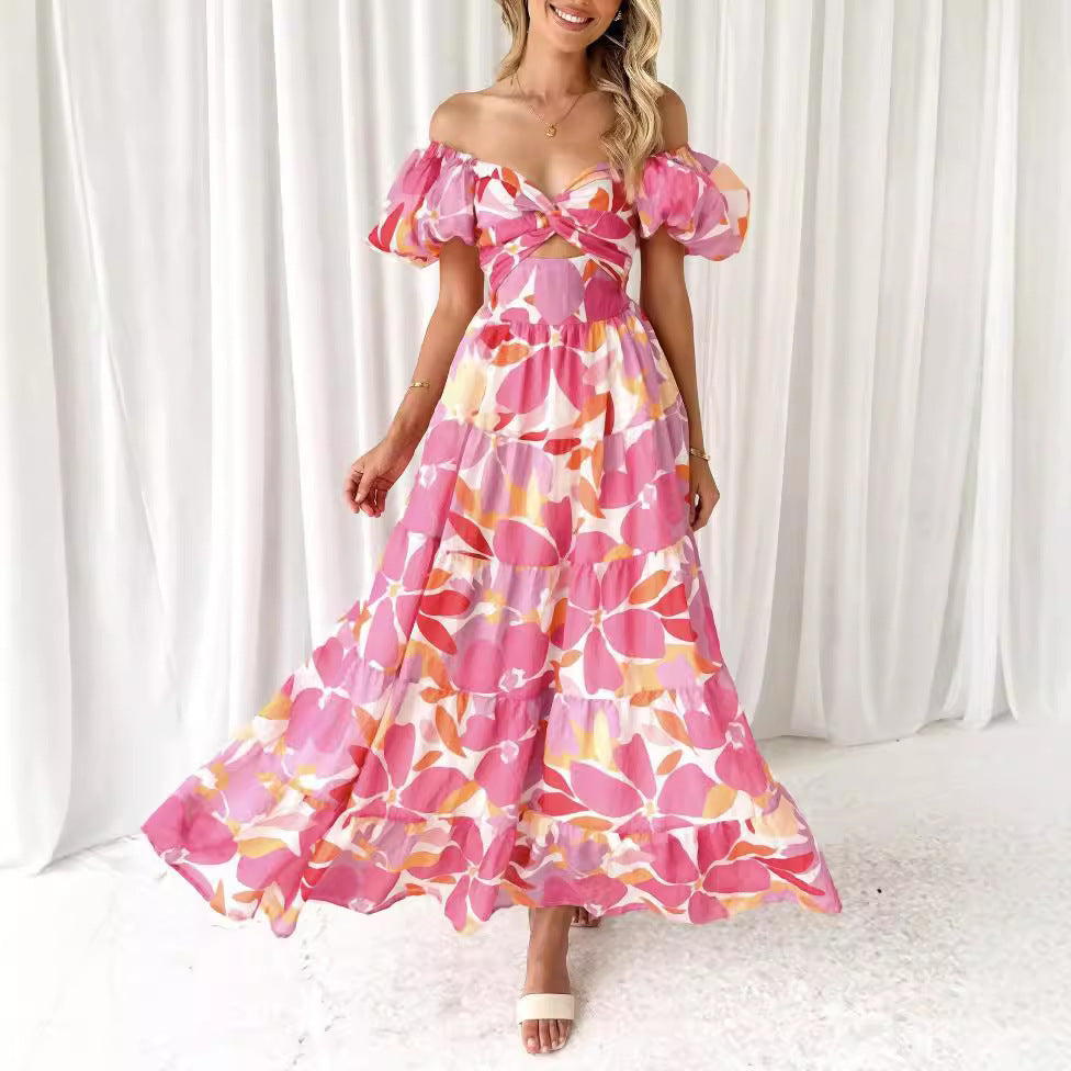 Damen Maxikleid – Luftiger Schnitt – Puffärmel – Elegant gemustert – Naturfasern