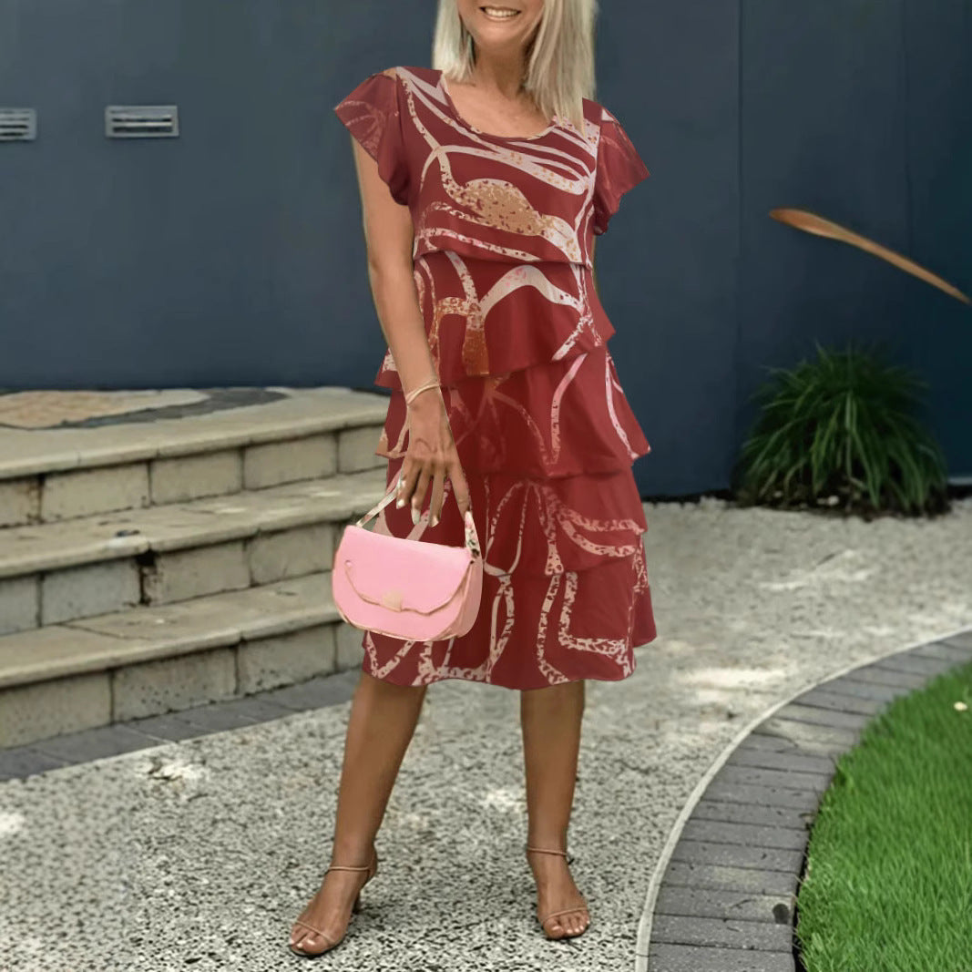 Damen Midikleid – Baumwolle – Stufiger Schnitt – Flatterärmel – Blumenprint