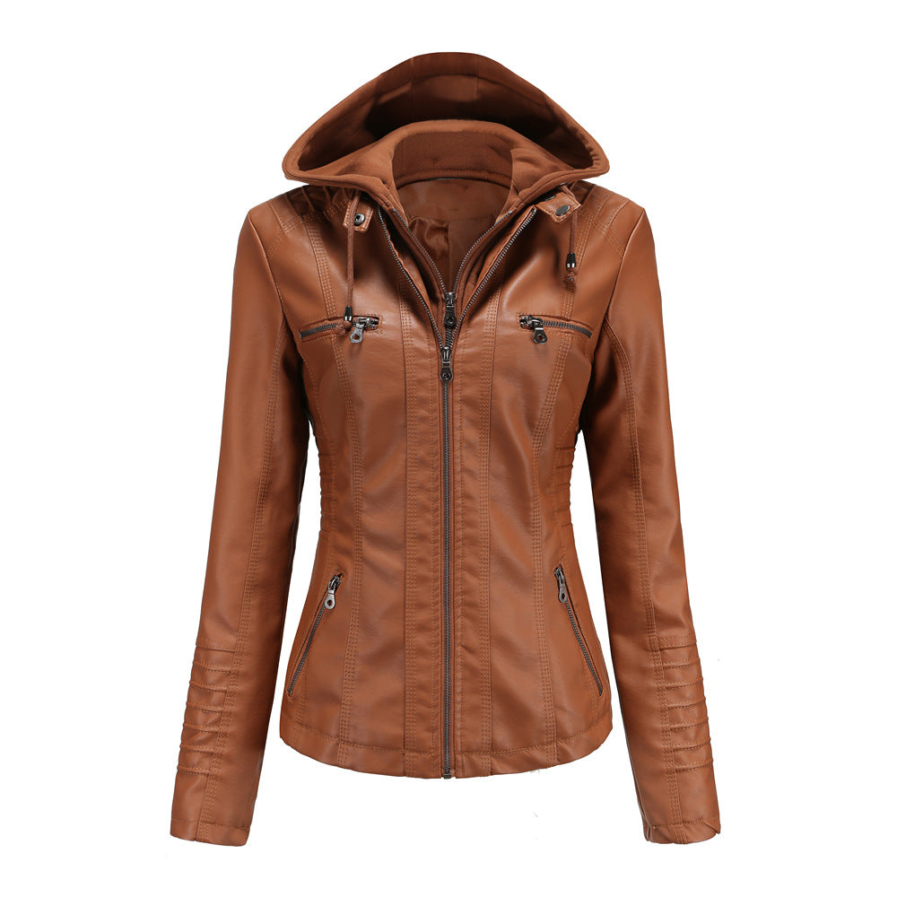 Damen Kapuzenjacke – Slim Fit – Kunstleder – Abnehmbare Kapuze – Zipper Taschen