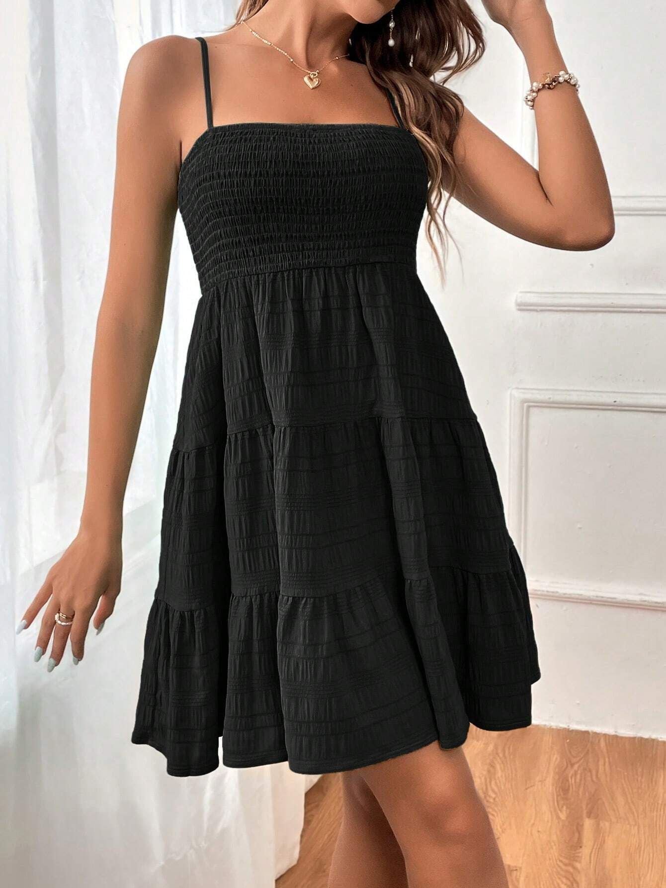 Damen Kurzkleid – Smock-Oberteil – Ärmellos – A-Linie – Stufensaum – Leicht Baumwolle