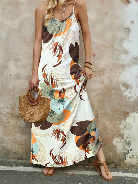 Damen Maxi Kleid – Blumendruck – Ärmellos – Spaghettiträger – Baumwollgefühl