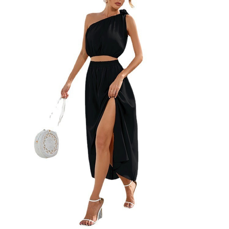 Damen Zweiteiler Set – One-Shoulder Top – Elastischer Bund – Seitenschlitz – Fliessender Schnitt