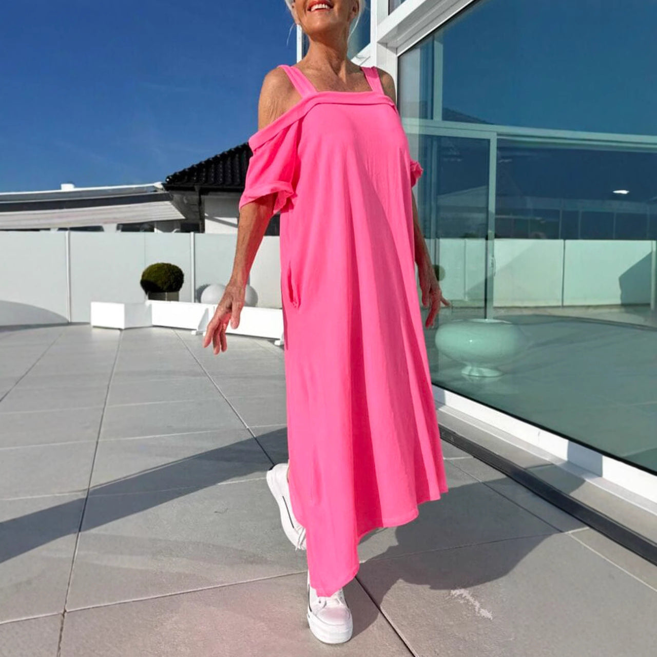 Damen Maxikleid – Off Shoulder – Lockerer Schnitt – Baumwolle – Casual Look