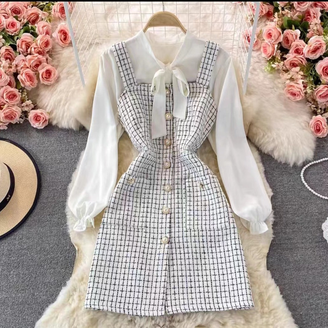 Damen Zweiteiler Kleidset – Tweed Pinafore Kleid – Schleifenbluse – Tailliert Elegant