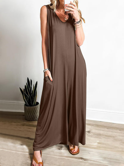 Damen Maxikleid – Weicher Feinstrick – Ärmellos – V-Ausschnitt – Seitentaschen