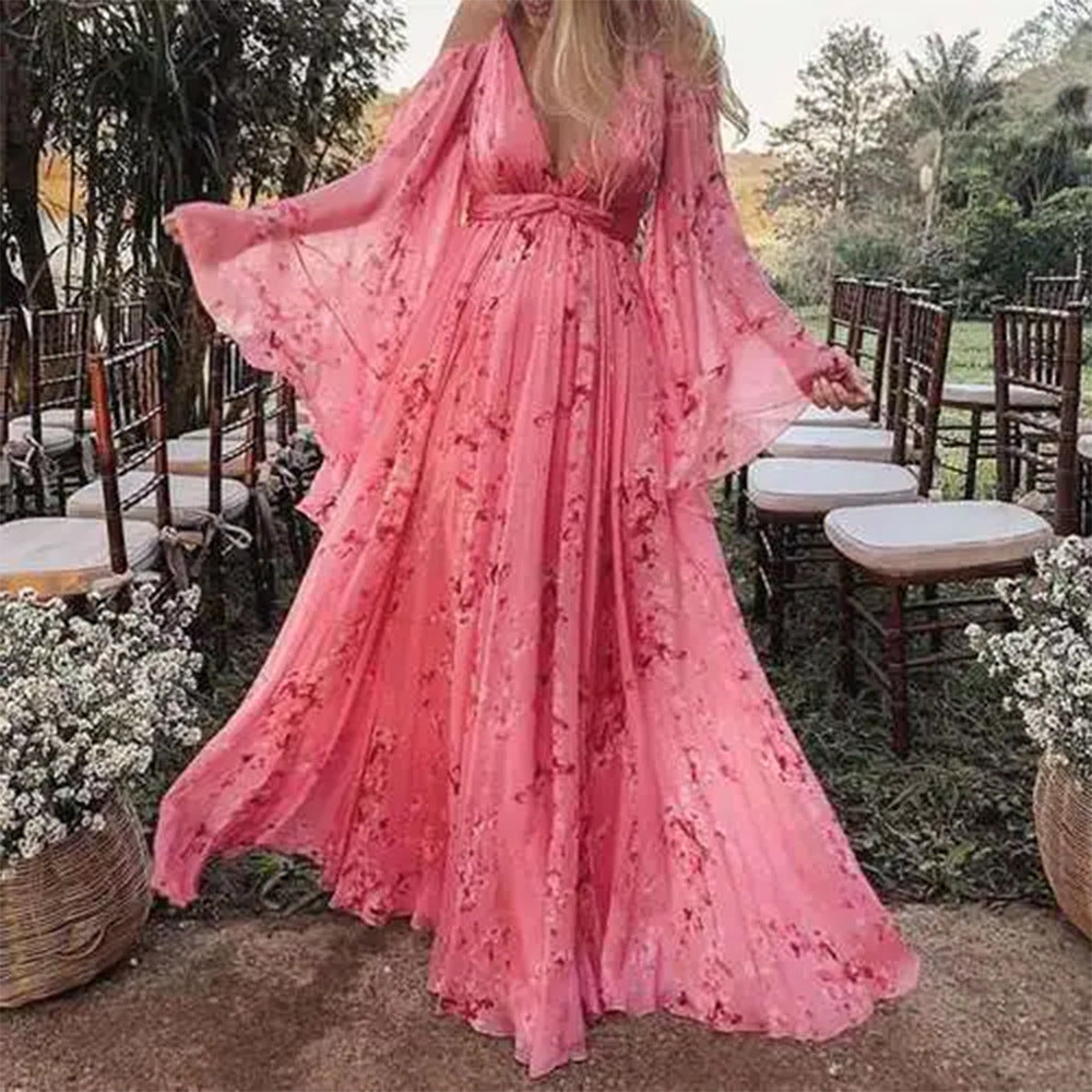 Damen Maxikleid – Eleganter A-Linien Schnitt – Luxusstoff – Tiefer V-Ausschnitt – Flatterärmel