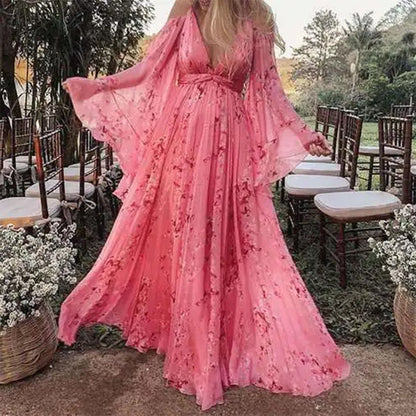 Damen Maxikleid – Eleganter A-Linien Schnitt – Luxusstoff – Tiefer V-Ausschnitt – Flatterärmel