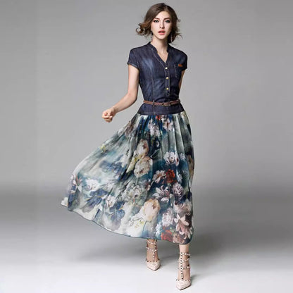 Damen Maxikleid – V-Ausschnitt – Knopfleiste – Geflochtener Gürtel – Luftiges Design