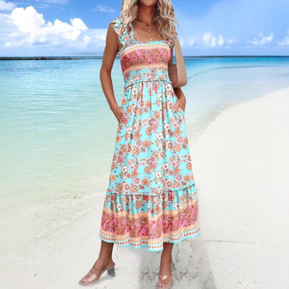 Damen Midikleid – Lockere Passform – Rüschenärmel – Boho-Stil – Atmungsaktive Mischung