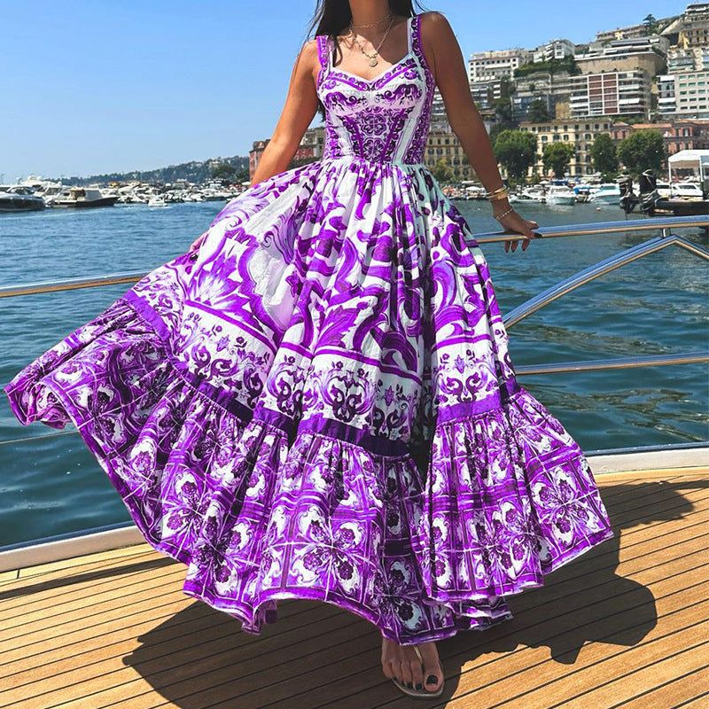 Damen Trägerkleid – Luftiges Design – Fließender Schnitt – Stufenrock – Allover-Print