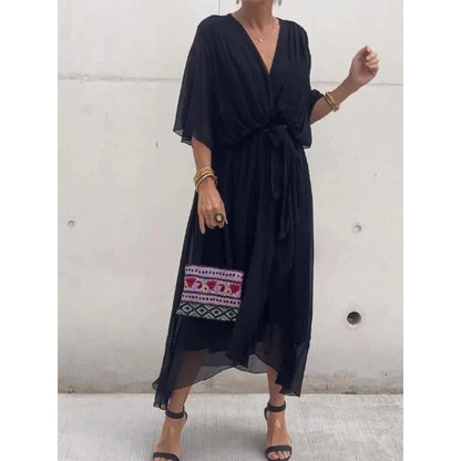 Damen Maxikleid – Lockerer Schnitt – Batwing Ärmel – Taillengürtel – Asymmetrischer Saum