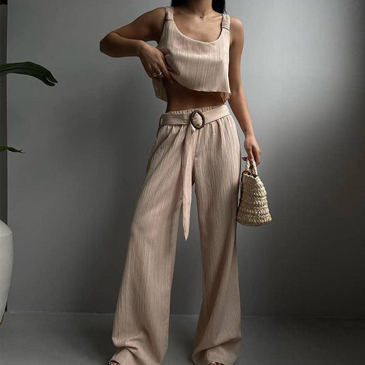 Damen Zweiteiler Set – Crop Top & High Waist Hose – Luftig Knitterstruktur