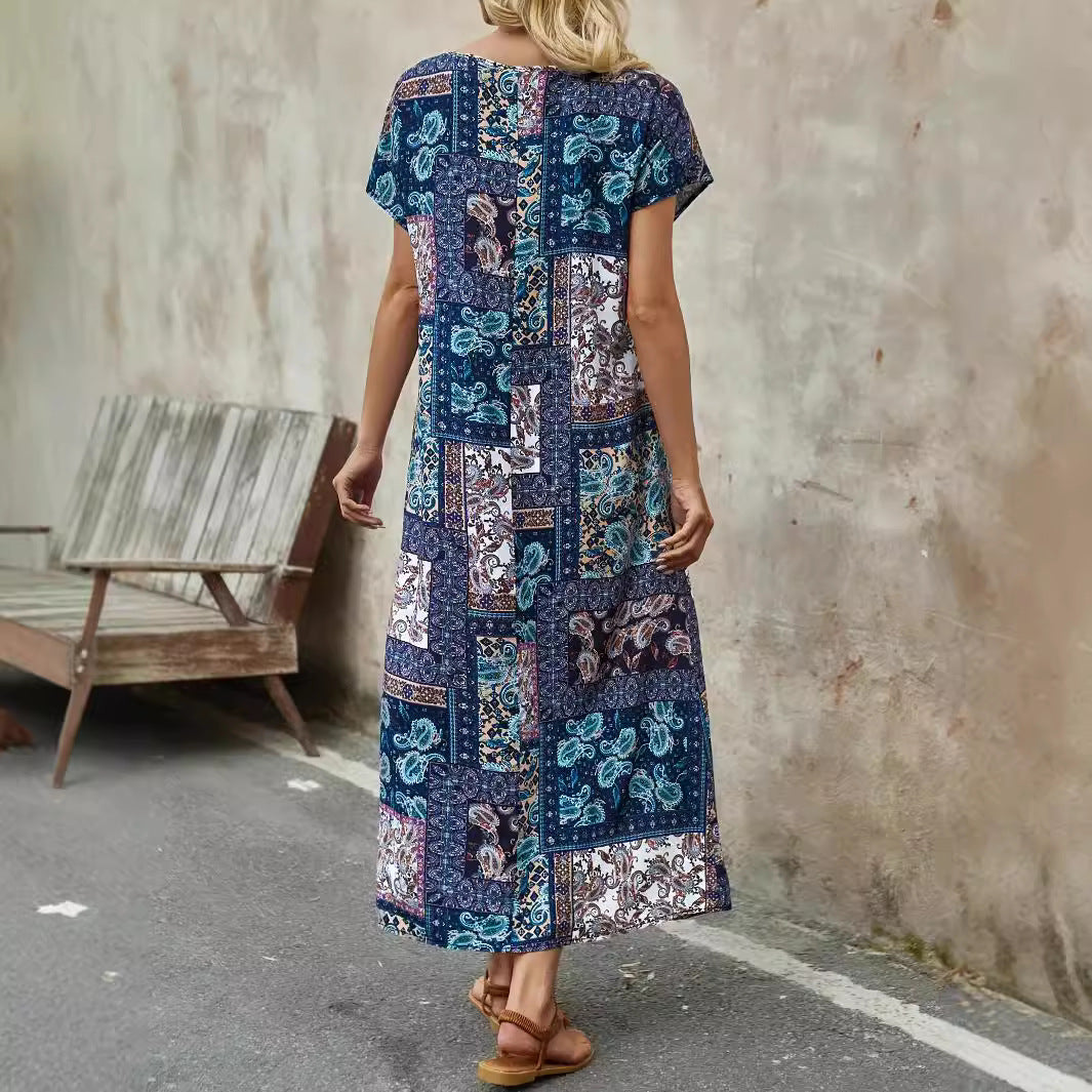Damen Midikleid – Lockerer Schnitt – Kurzarm – Paisley Patchwork – Atmungsaktive Mischung