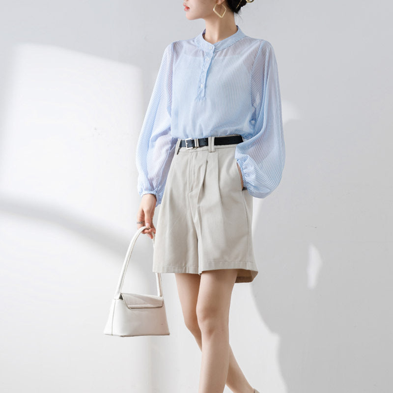 Damen Bluse – Lockerer Schnitt – Transparenter Stoff – Puffärmel – Stehkragen