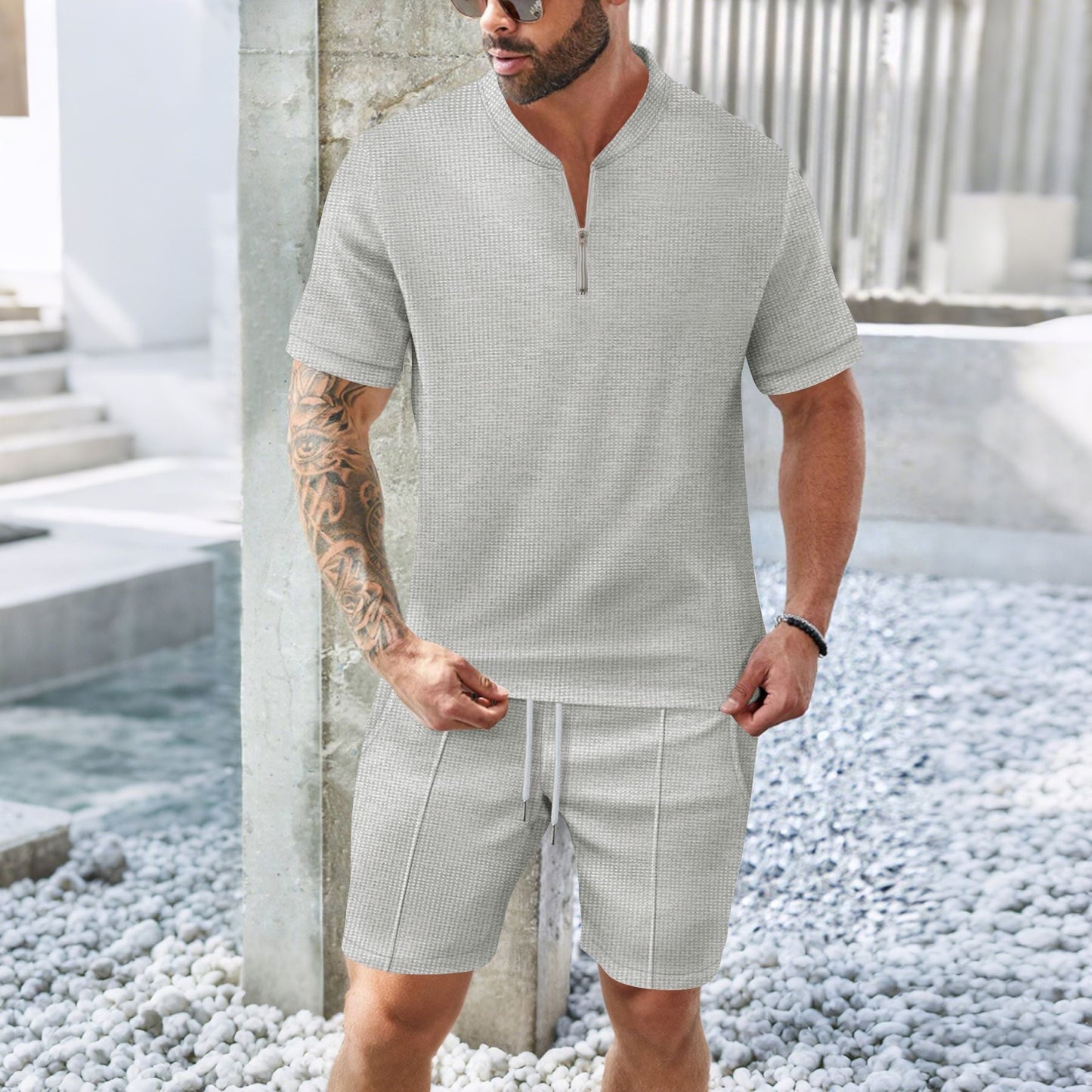 Herren Sportset – Atmungsaktives Gewebe – Relaxed Fit – Kurzarm mit Reißverschluss