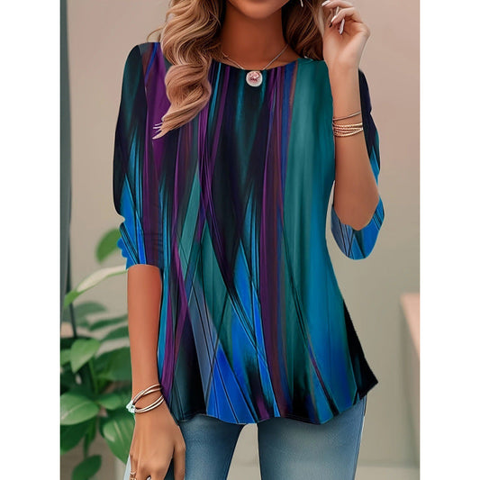 Damen Bluse – Lockerer Schnitt – Abstraktes Muster – 3/4 Ärmel – Atmungsaktiv