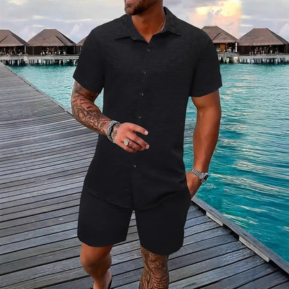 Herren Zweiteiler Set – Relaxed Fit – Jacquard Textur – Naturfasern – Kurzarm Hemd