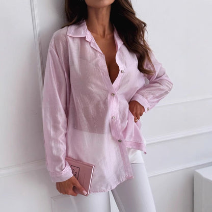 Damen Bluse – Oversize Passform – Knopfleiste – Glitzernde Details – Atmungsaktiv
