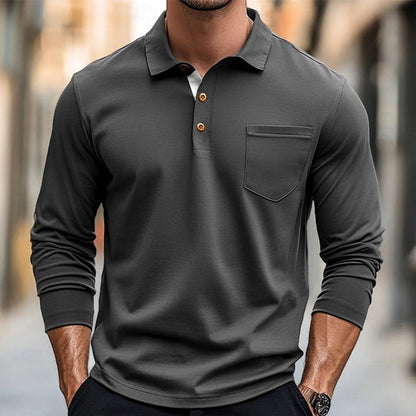 Herren Langarm Poloshirt – Slim Fit – Atmungsaktiv – Brusttasche – Stretch Baumwolle