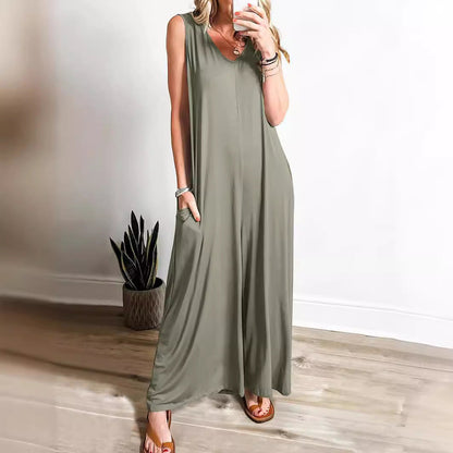 Damen Maxikleid – Weicher Feinstrick – Ärmellos – V-Ausschnitt – Seitentaschen