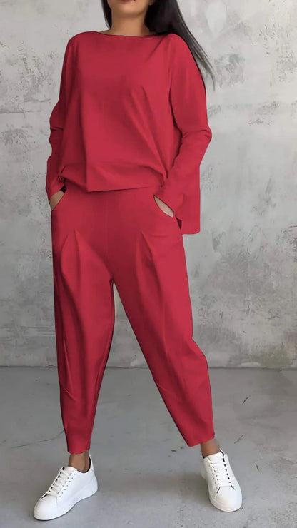 Damen Anzug Zweiteilig – Slim Fit – Rundhals Longsleeve – Tapered Hose – Atmungsaktiver Mix