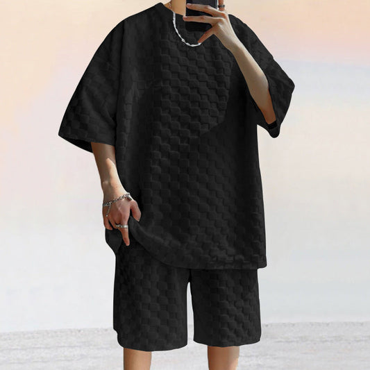 Herren Freizeit Set – Lockeres Shirt & Gerade Shorts – Weiches Jacquard-Strick