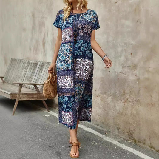 Damen Midikleid – Lockerer Schnitt – Kurzarm – Paisley Patchwork – Atmungsaktive Mischung