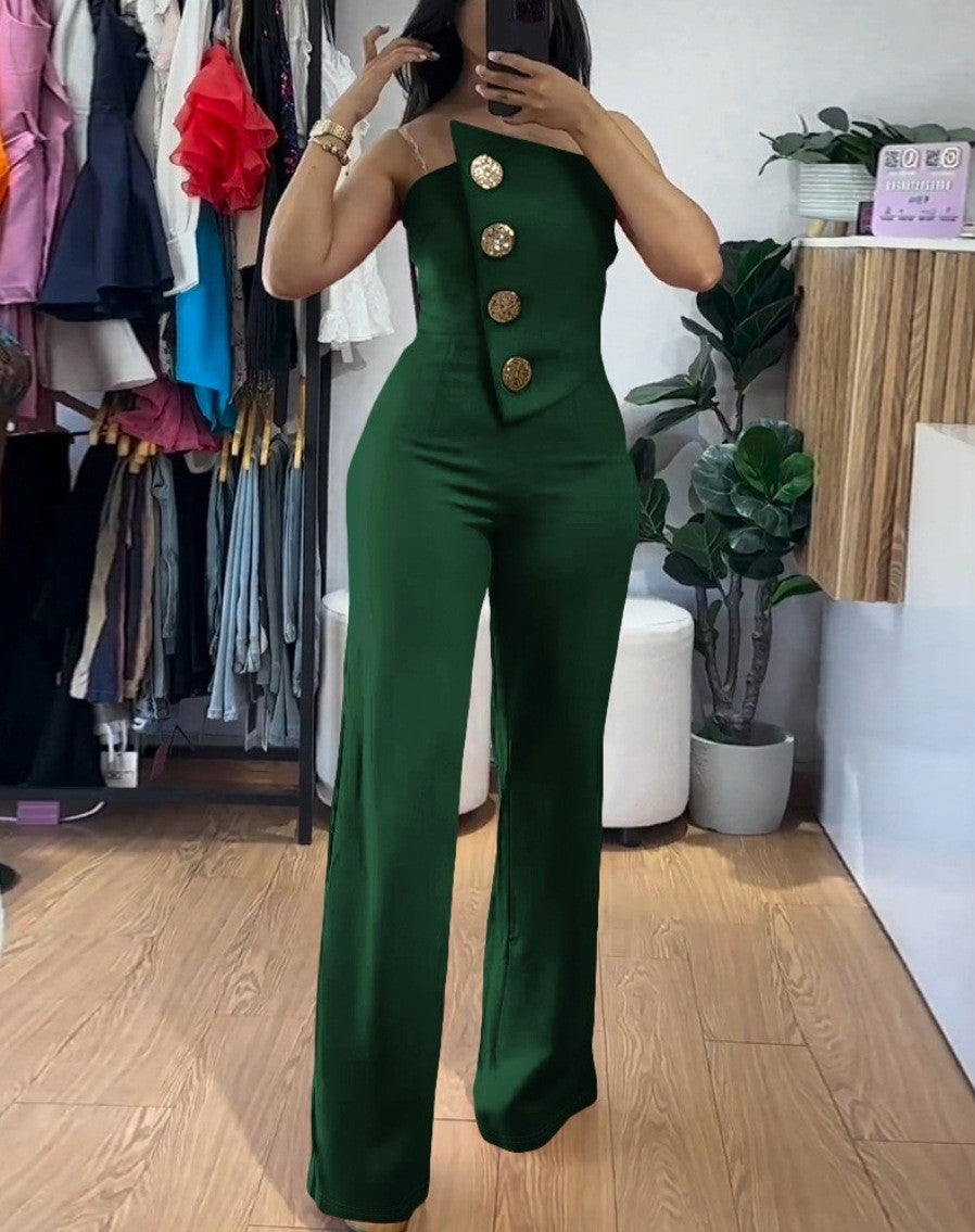 Damen Jumpsuit – One-Shoulder Design – Slim Fit Oberteil – Weites Bein – Knopfdetails