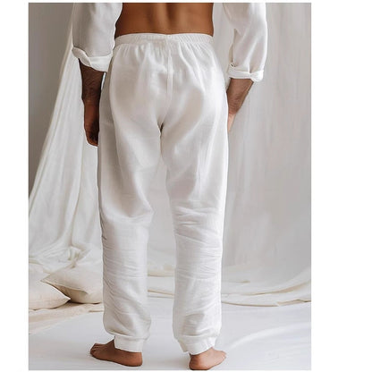 Herren Freizeithose – Lockerer Schnitt – Atmungsaktive Naturfaser – Lang – Kordelzug